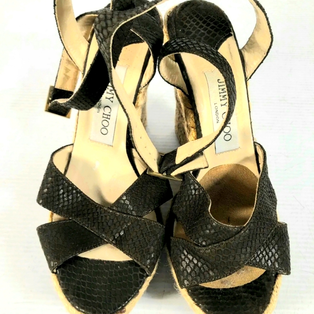 Jimmy Choo Italy Dark Brown Leather Women's Open Toe Wedge Heel Sandals 37